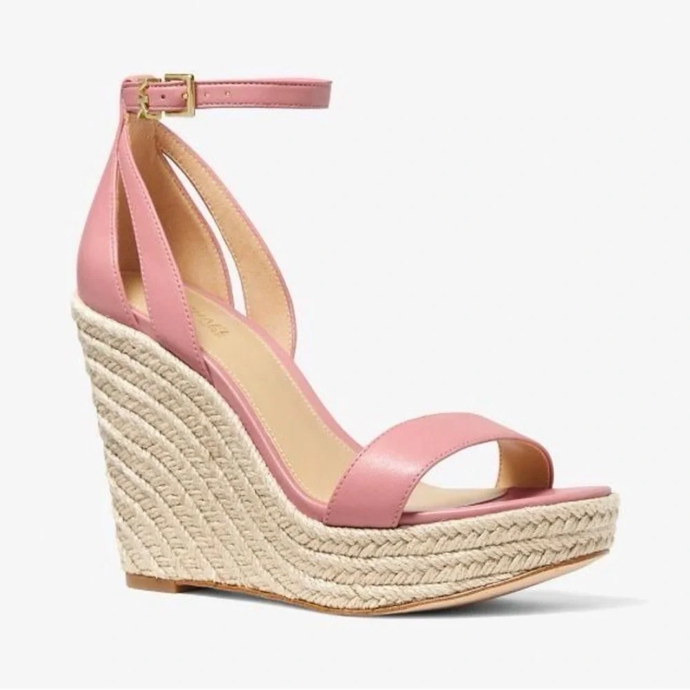 Michael Kors Kimberly Leather Platform Espadrille Wedges In Coral Size 10 NWOB